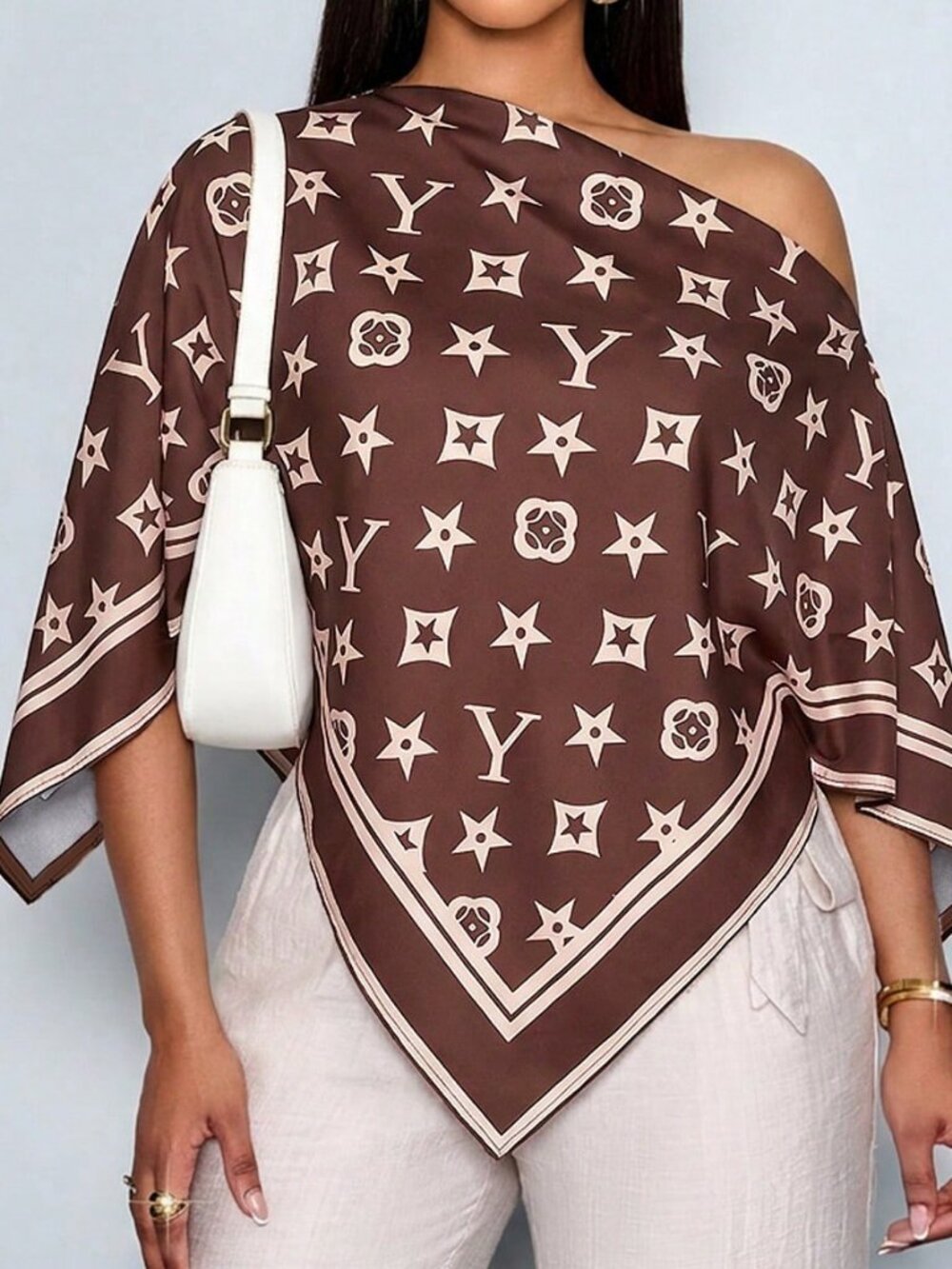 Brown Boho Women's Elegant Off-Shoulder Shirt Artistic Pattern Party Top - Picture 9 of 10
